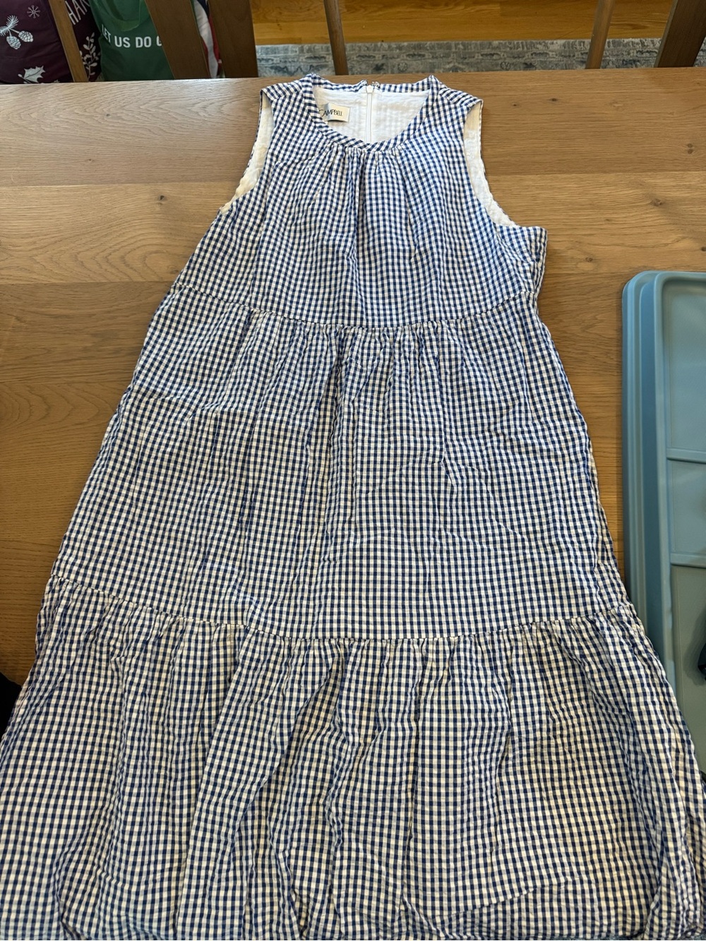 Women’s Blue Gingham (seersucker material) Sleeveless Tiered midi Dress